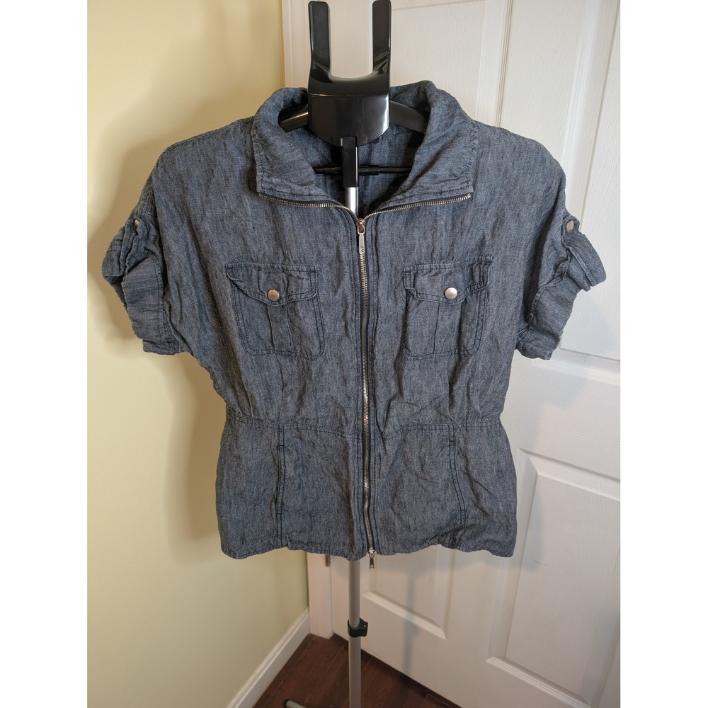 Lafayette 148 New York Jacket Women 10 Linen Short Sleeve Zip Utility Top